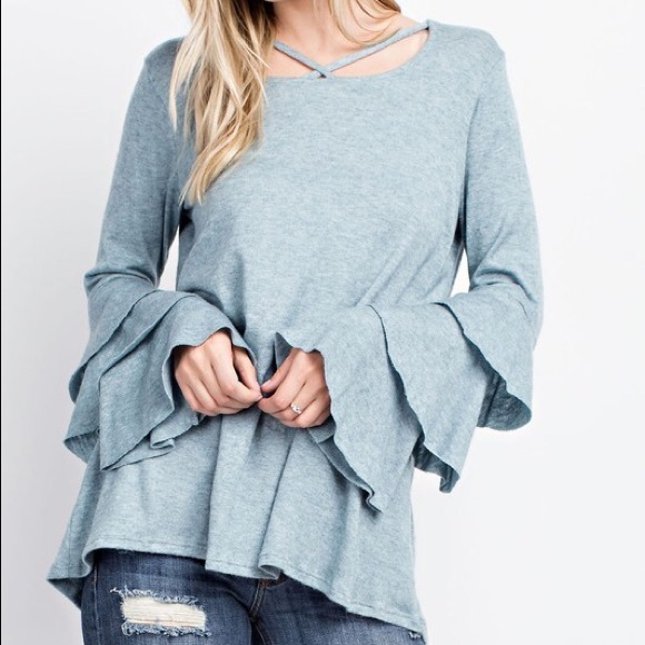 ❤️Teal Knit Crisscross Flared Bell Long Sleeve Top - Picture 2 of 2